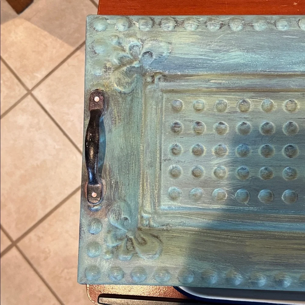 Rustic Metal Tray with Handles Blue Green